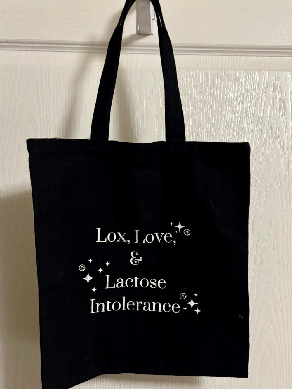 Black Cotton Tote Bag with "Lox, Love, & Lactose Intolerance" Print
